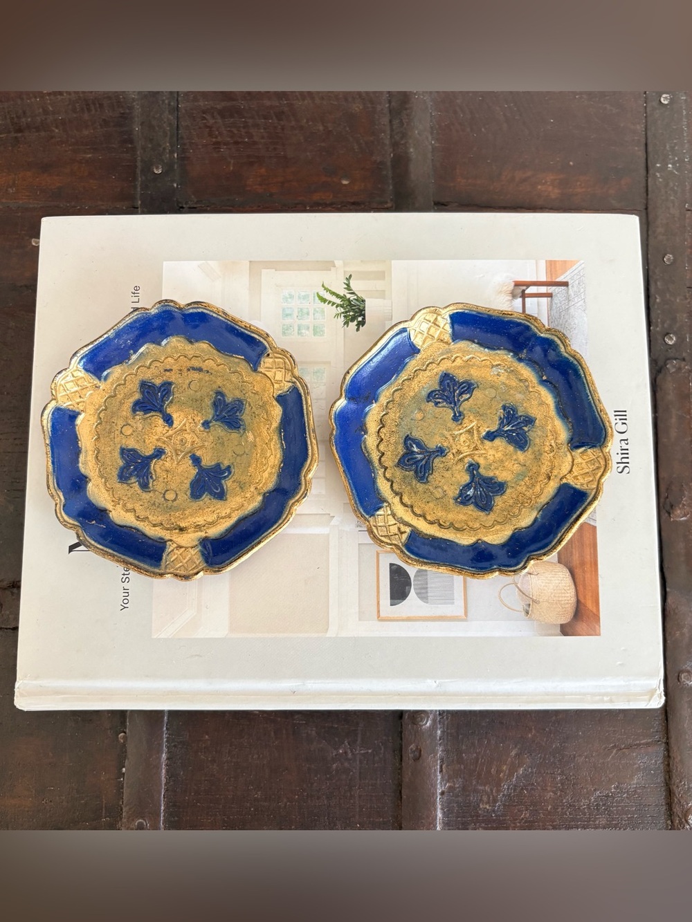 Vintage Florentine Blue and Gold Trinket Dishes - Set of 2